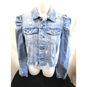 Forever 21 Blue Distressed Denim Puff Sleeve Cropped Jean Jacket Women M